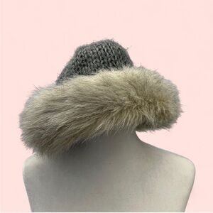 Gray and Cream Fur-Trimmed Women's Hat